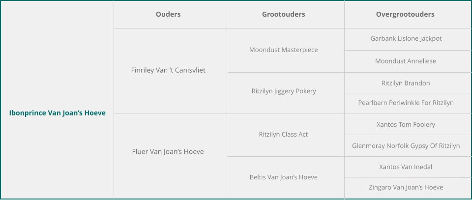 Ibonprince Van Joan’s Hoeve Ouders Grootouders Overgrootouders Finriley Van ‘t Canisvliet Fluer Van Joan’s Hoeve Moondust Masterpiece Ritzilyn Jiggery Pokery Ritzilyn Class Act Beltis Van Joan’s Hoeve Garbank Lislone Jackpot Moondust Anneliese Ritzilyn Brandon Pearlbarn Periwinkle For Ritzilyn Xantos Tom Foolery Glenmoray Norfolk Gypsy Of Ritzilyn Xantos Van Inedal Zingaro Van Joan’s Hoeve