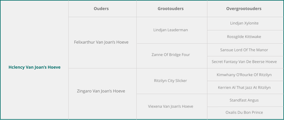 Hclency Van Joan’s Hoeve Ouders Grootouders Overgrootouders Felixarthur Van Joan’s Hoeve Zingaro Van Joan’s Hoeve Lindjan Leaderman Zanne Of Bridge Four Ritzilyn City Slicker Viexena Van Joan’s Hoeve Lindjan Xylonite Rossgilde Kittiwake Sansue Lord Of The Manor Secret Fantasy Van De Beerse Hoeve Kimwhany O’Rourke Of Ritzilyn Kerrien Al That Jazz At Ritzilyn Standfast Angus Oxalis Du Bon Prince